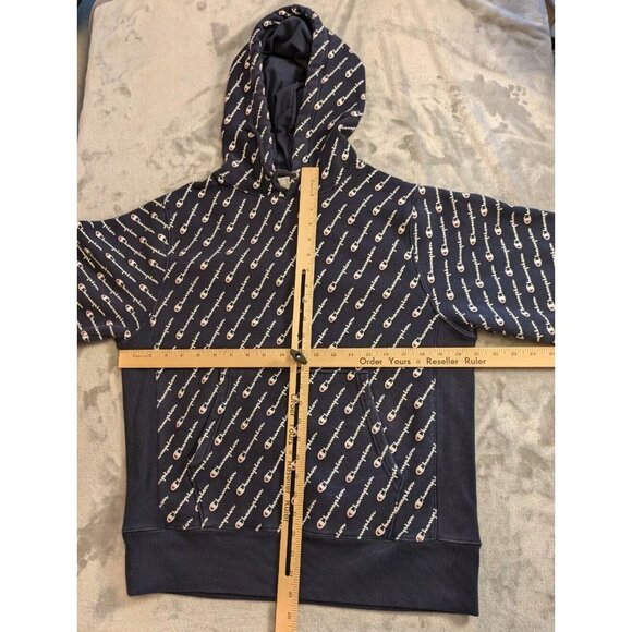 Champion Reverse Weave Hoodie Men Medium Navy Sweater All Over Print Sweatshirt - Picture 6 of 8